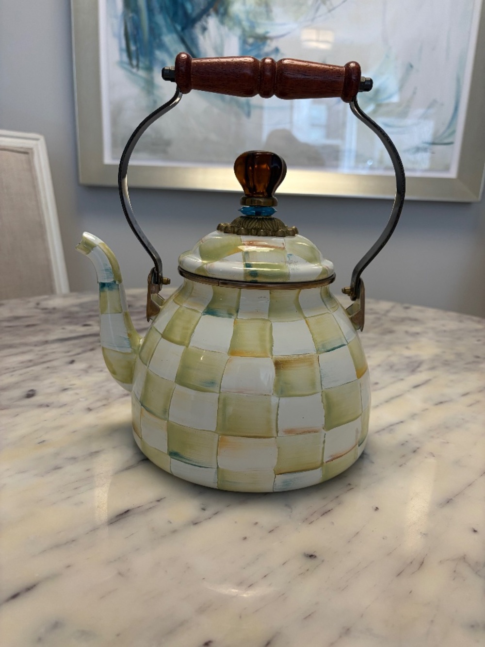 MacKenzie-Childs Parchment Check Tea Kettle | Wood Handle | Excellent Condition - Picture 2 of 6